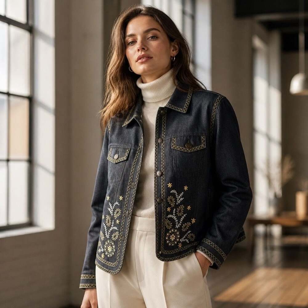 Analogy Dark Denim Embroidered and Embellished Jacket Size L
